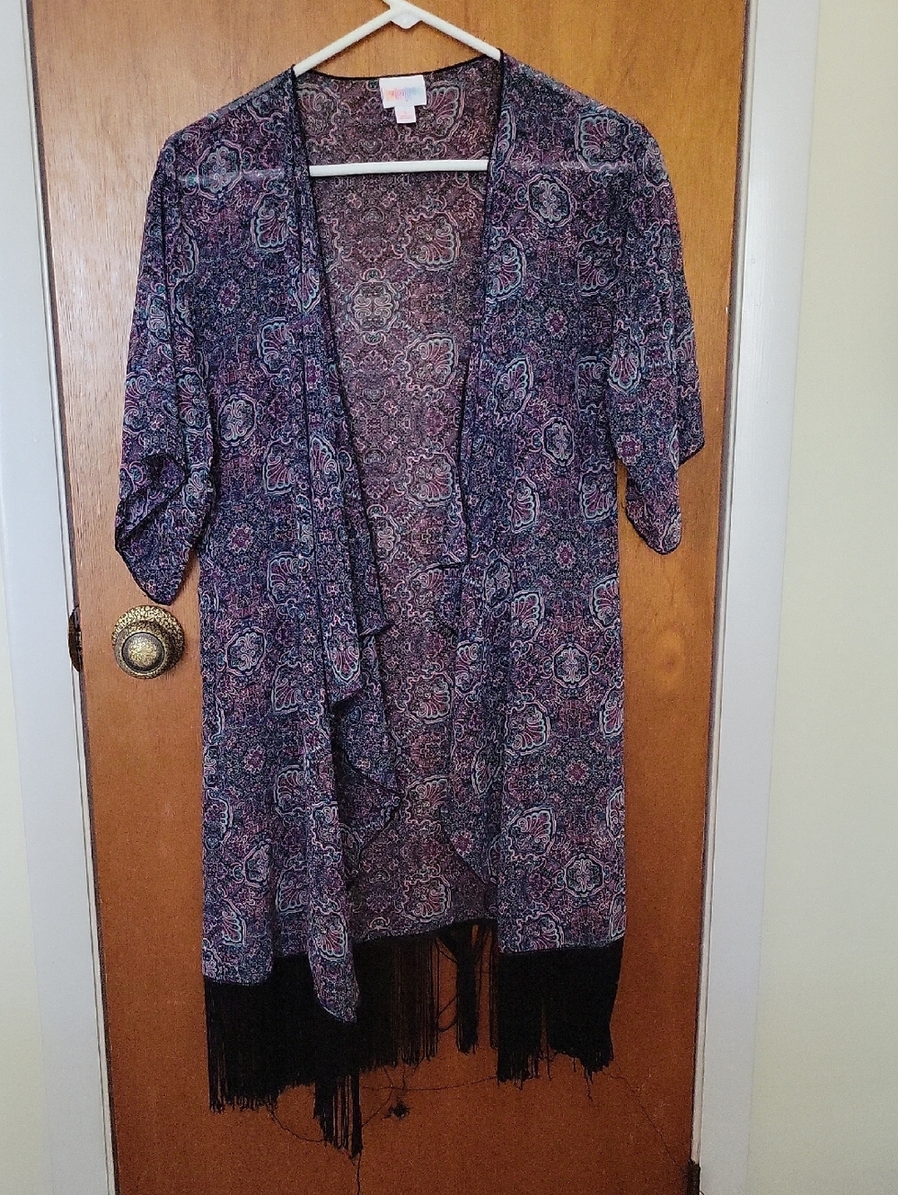 Purple Floral Fringe Open-Front Women's Sweater